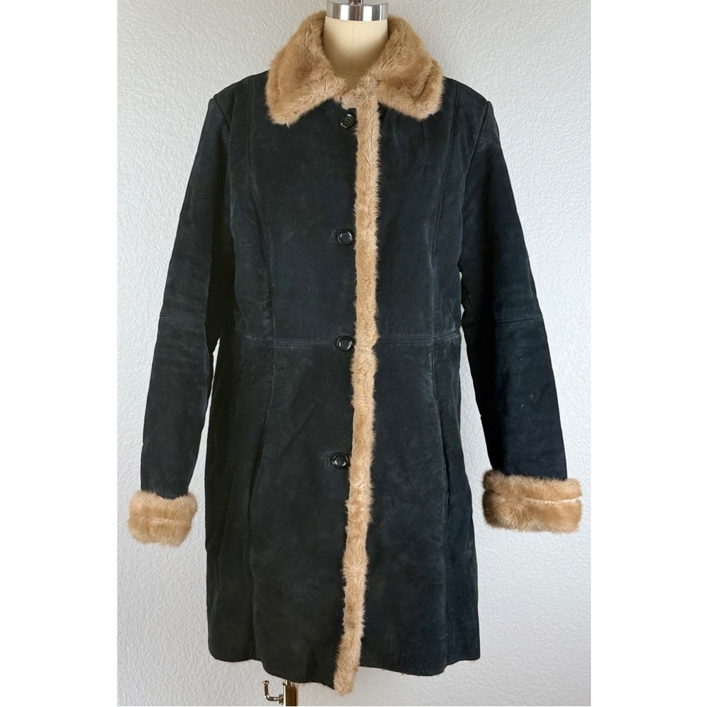U.S.A. Leather Vintage 70s Style Penny Lane Sherpa Lined Coat 
Black w/Tan Large - Picture 2 of 11
